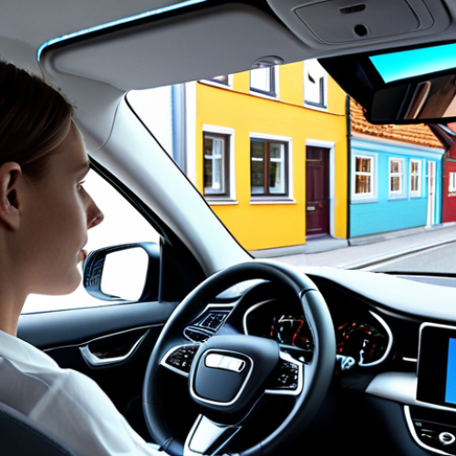 Home 11 **
A sleek, modern self-driving car interior. A person is relaxing in the passenger seat, browsing a digital storefront projected onto the windshield. Soft ambient lighting illuminates the cabin. Outside, a glimpse of a typical Swedish suburban street with colorful houses. Focus on the seamless integration of shopping and relaxation within the autonomous vehicle. A feeling of comfortable productivity.
**